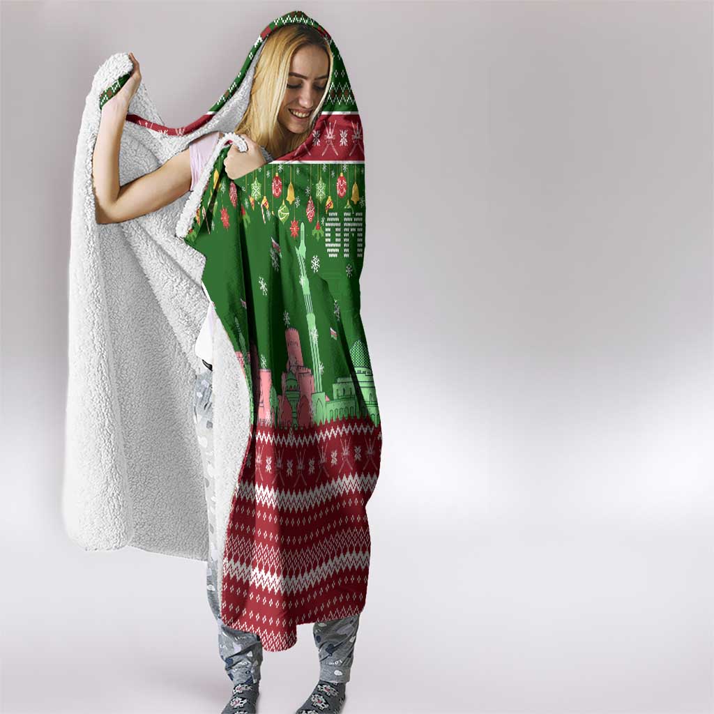Oman Christmas Hooded Blanket with Green-Red Pattern, Mosque and Fort Landmarks, and Festive Ornament Motif - Wonder Print Shop