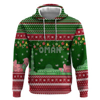 Oman Christmas Hoodie with Green-Red Pattern, Mosque and Fort Landmarks, and Festive Ornament Motif - Wonder Print Shop