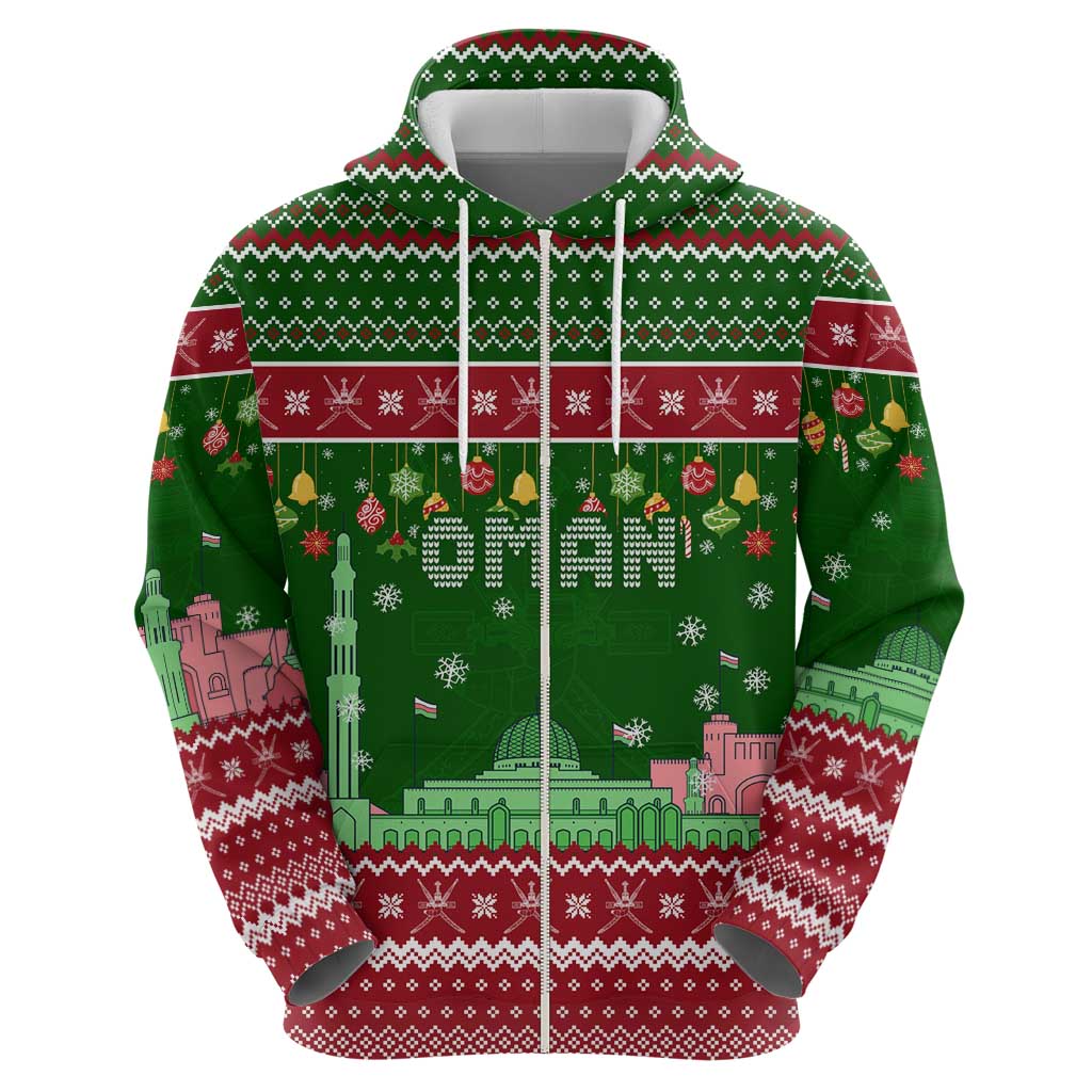 Oman Christmas Hoodie with Green-Red Pattern, Mosque and Fort Landmarks, and Festive Ornament Motif - Wonder Print Shop