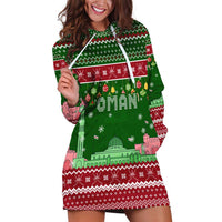 Oman Christmas Hoodie Dress with Green-Red Pattern, Mosque and Fort Landmarks, and Festive Ornament Motif - Wonder Print Shop