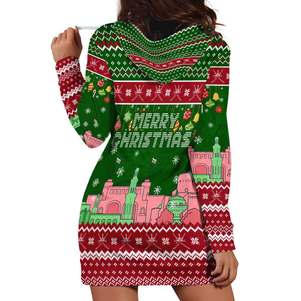 Oman Christmas Hoodie Dress with Green-Red Pattern, Mosque and Fort Landmarks, and Festive Ornament Motif - Wonder Print Shop