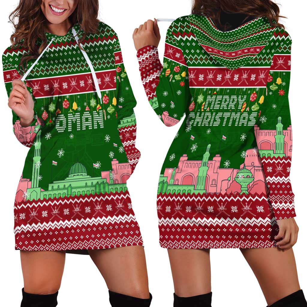 Oman Christmas Hoodie Dress with Green-Red Pattern, Mosque and Fort Landmarks, and Festive Ornament Motif - Wonder Print Shop