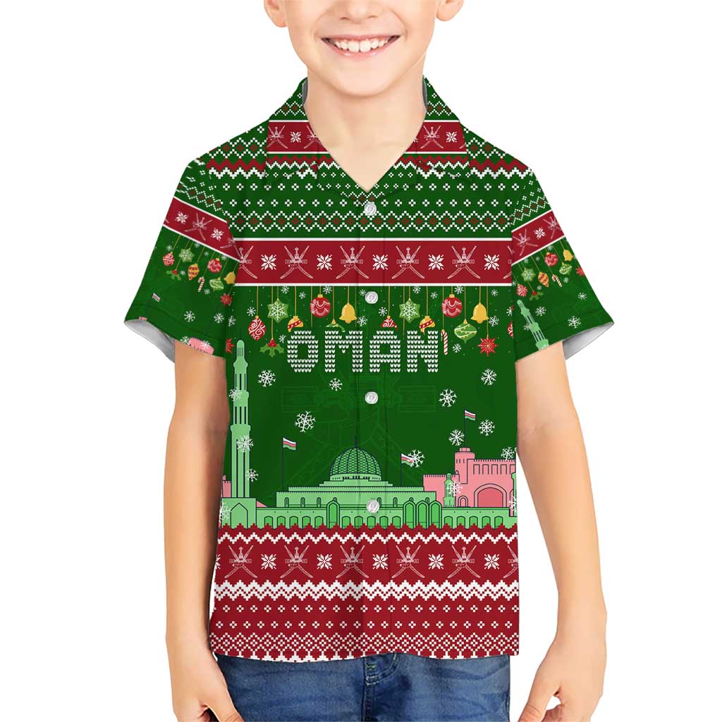Oman Christmas Kid Hawaiian Shirt with Green-Red Pattern, Mosque and Fort Landmarks, and Festive Ornament Motif - Wonder Print Shop