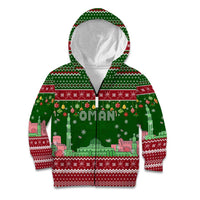 Oman Christmas Kid Hoodie with Green-Red Pattern, Mosque and Fort Landmarks, and Festive Ornament Motif - Wonder Print Shop