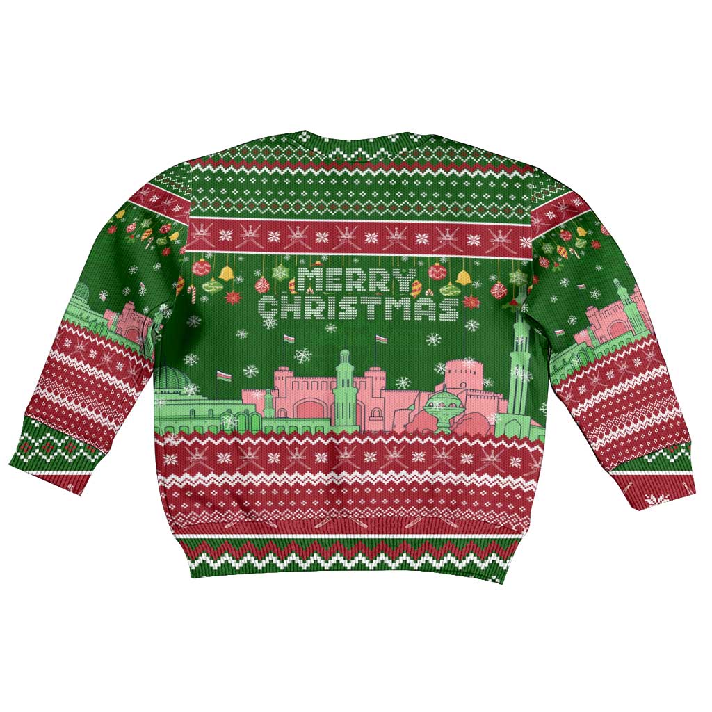 Oman Christmas Kid Ugly Christmas Sweater with Green-Red Pattern, Mosque and Fort Landmarks, and Festive Ornament Motif - Wonder Print Shop