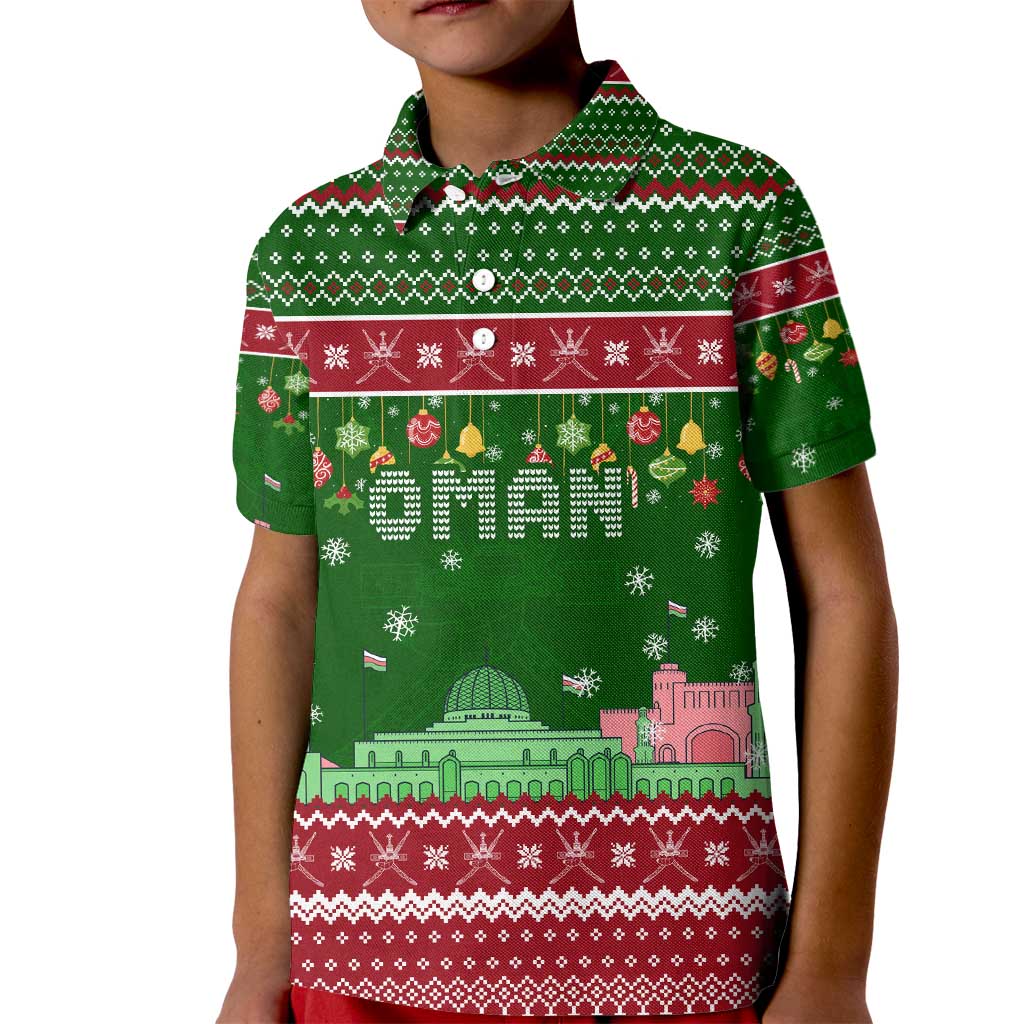 Oman Christmas Kid Polo Shirt with Green-Red Pattern, Mosque and Fort Landmarks, and Festive Ornament Motif - Wonder Print Shop