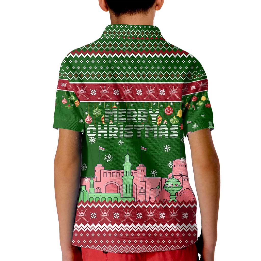 Oman Christmas Kid Polo Shirt with Green-Red Pattern, Mosque and Fort Landmarks, and Festive Ornament Motif - Wonder Print Shop