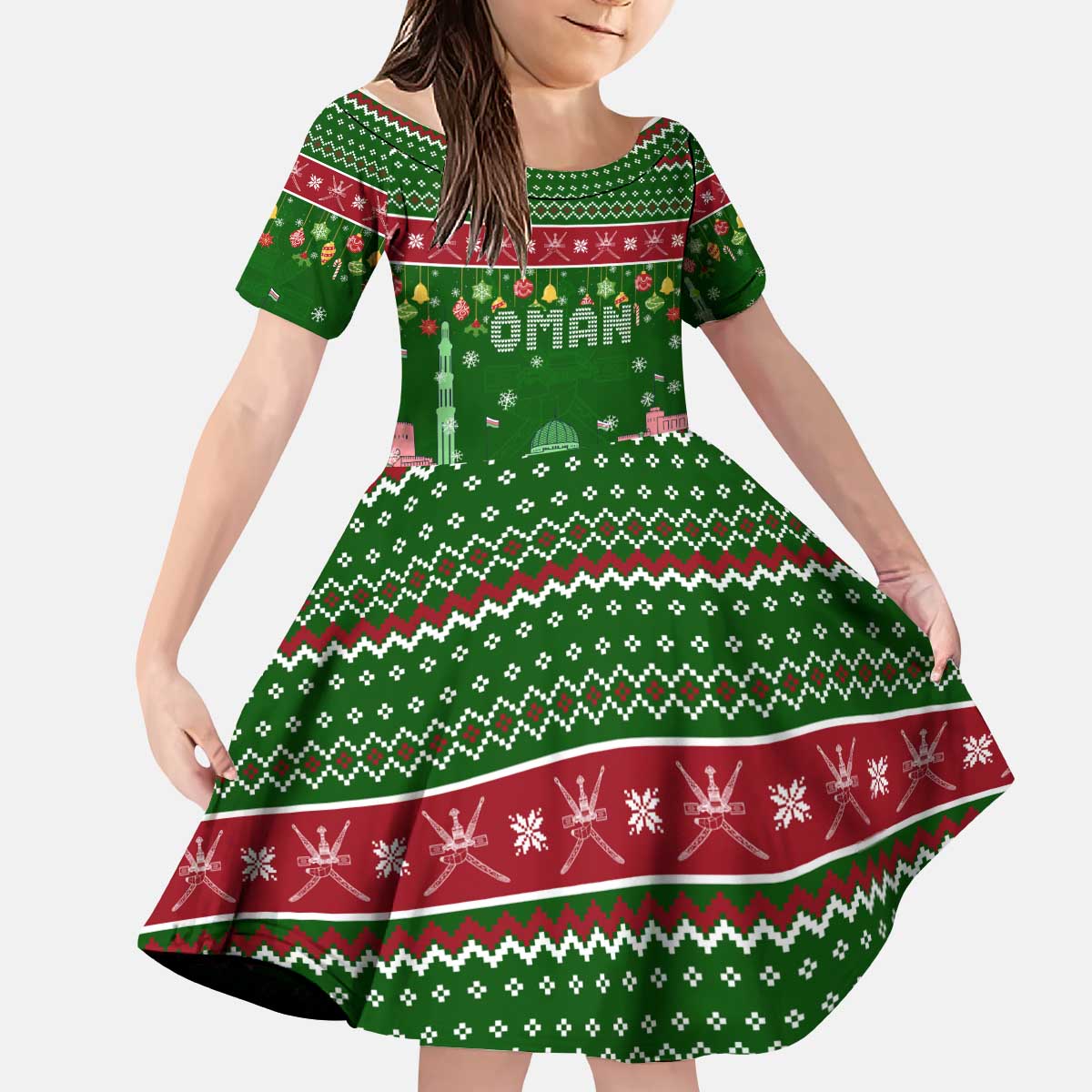 Oman Christmas Kid Short Sleeve Dress with Green-Red Pattern, Mosque and Fort Landmarks, and Festive Ornament Motif - Wonder Print Shop