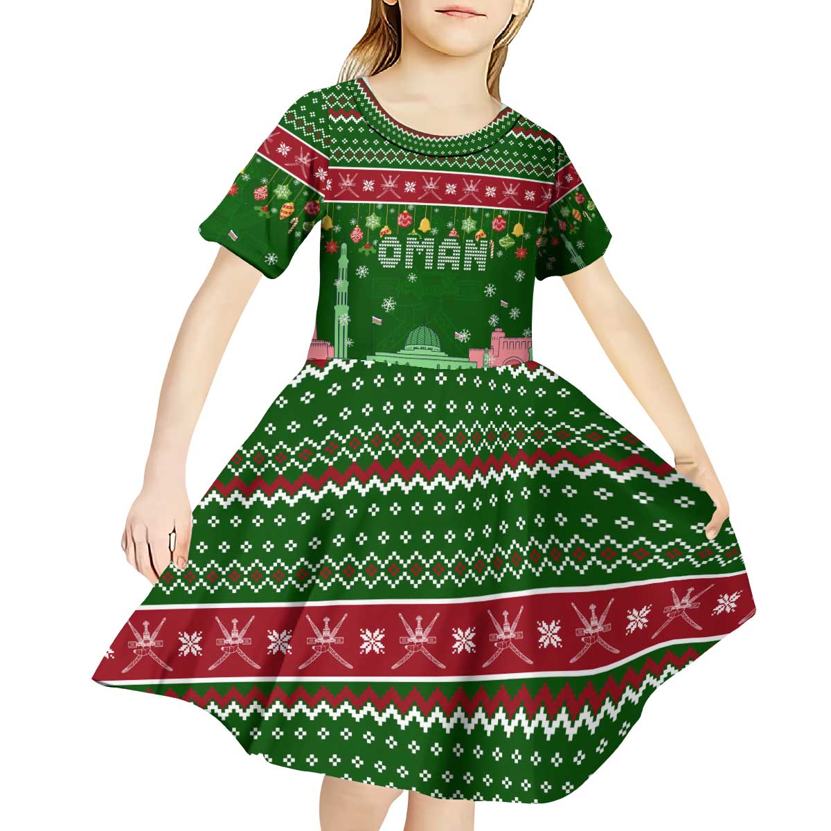 Oman Christmas Kid Short Sleeve Dress with Green-Red Pattern, Mosque and Fort Landmarks, and Festive Ornament Motif - Wonder Print Shop