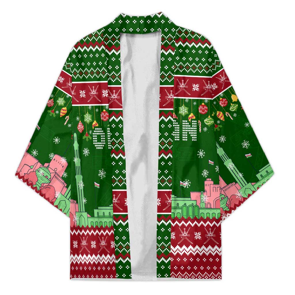 Oman Christmas Kimono with Green-Red Pattern, Mosque and Fort Landmarks, and Festive Ornament Motif - Wonder Print Shop