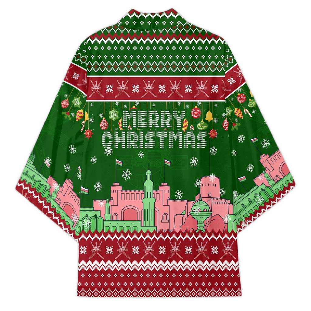 Oman Christmas Kimono with Green-Red Pattern, Mosque and Fort Landmarks, and Festive Ornament Motif - Wonder Print Shop