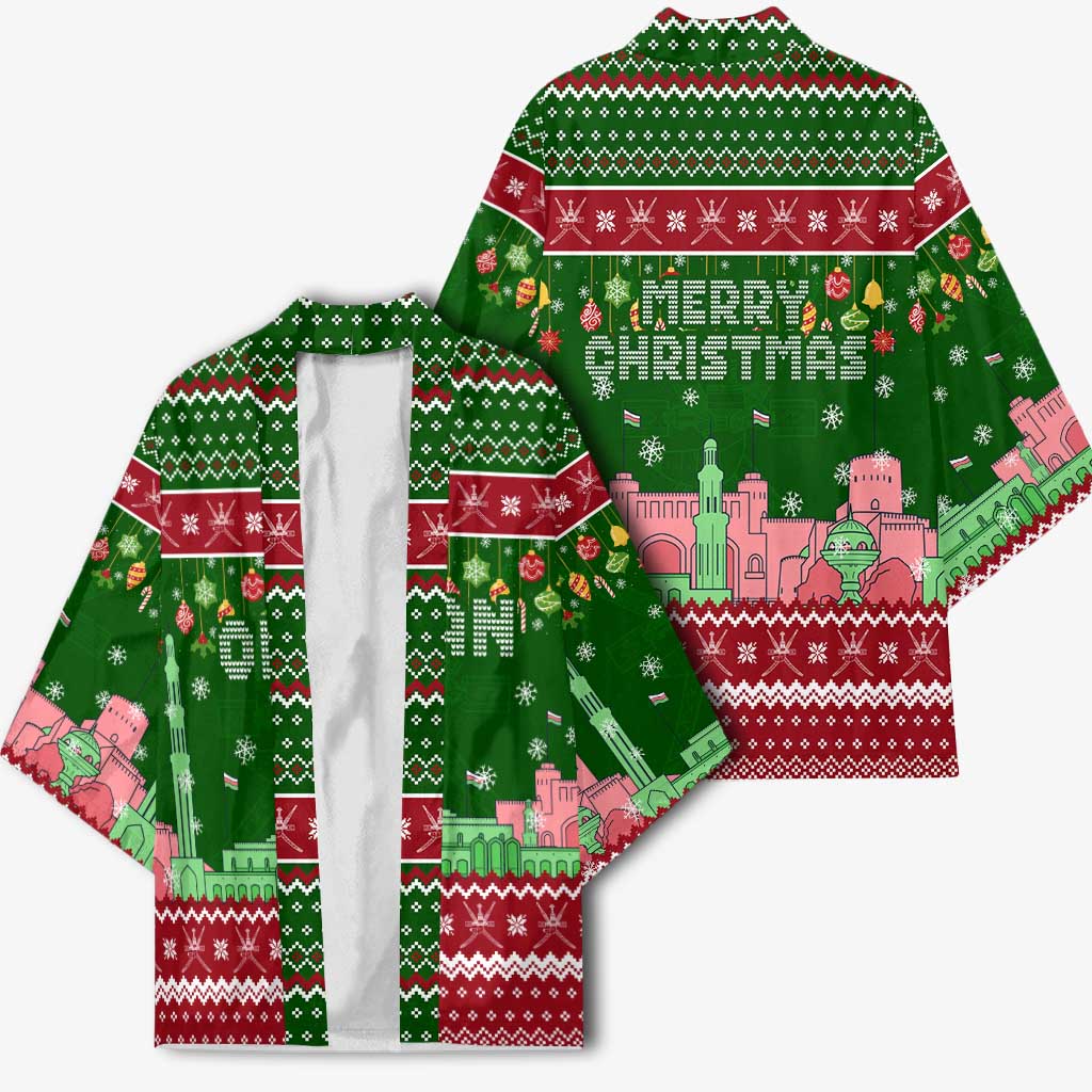 Oman Christmas Kimono with Green-Red Pattern, Mosque and Fort Landmarks, and Festive Ornament Motif - Wonder Print Shop