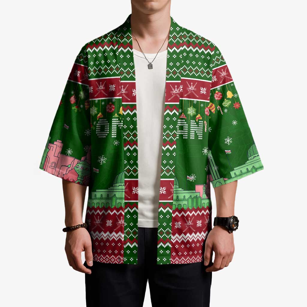 Oman Christmas Kimono with Green-Red Pattern, Mosque and Fort Landmarks, and Festive Ornament Motif - Wonder Print Shop