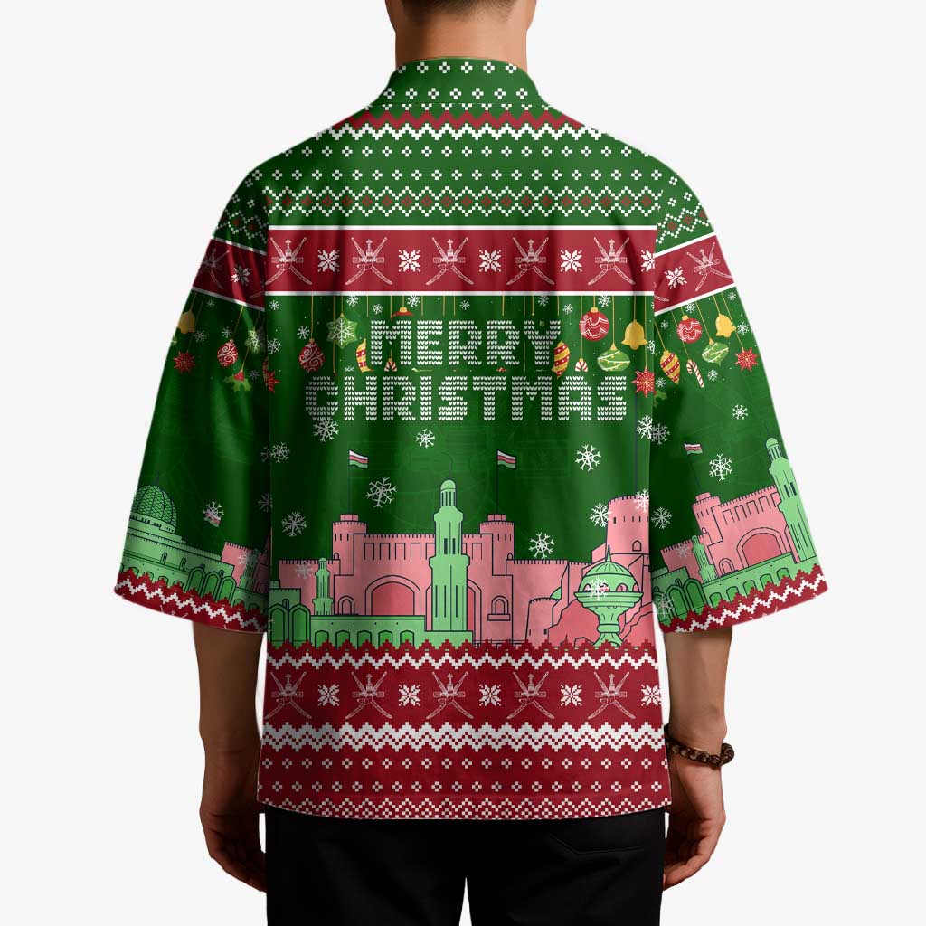 Oman Christmas Kimono with Green-Red Pattern, Mosque and Fort Landmarks, and Festive Ornament Motif - Wonder Print Shop