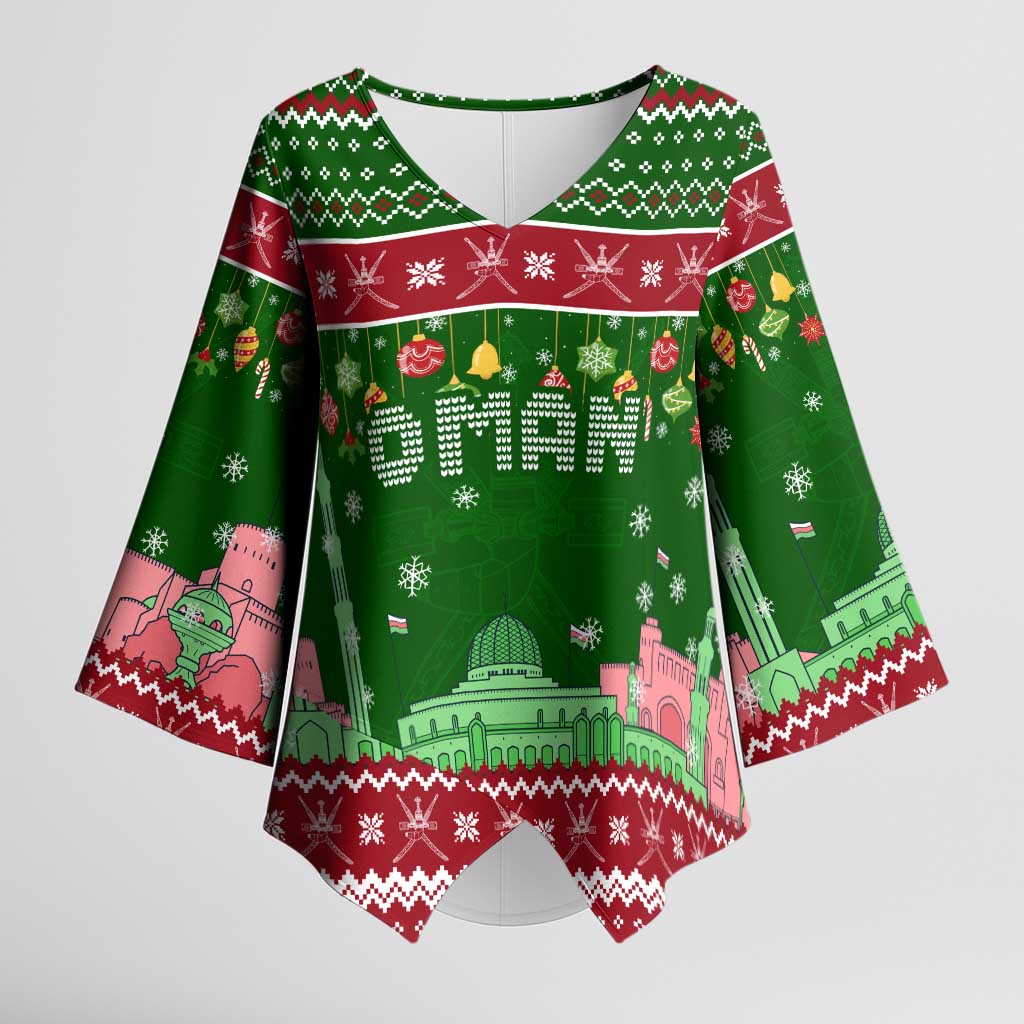 Oman Christmas Kimono Sleeve Blouse with Green-Red Pattern, Mosque and Fort Landmarks, and Festive Ornament Motif - Wonder Print Shop