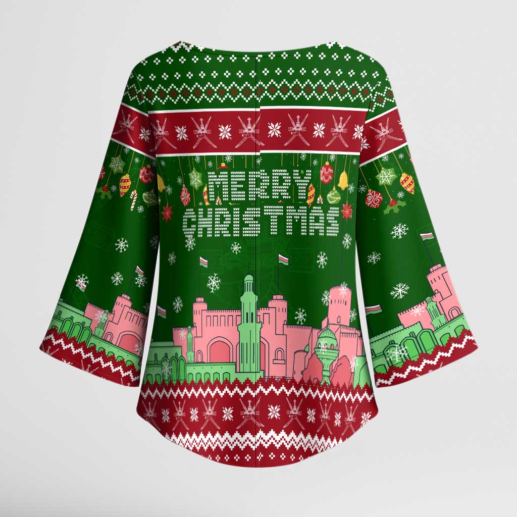Oman Christmas Kimono Sleeve Blouse with Green-Red Pattern, Mosque and Fort Landmarks, and Festive Ornament Motif - Wonder Print Shop