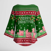 Oman Christmas Kimono Sleeve Blouse with Green-Red Pattern, Mosque and Fort Landmarks, and Festive Ornament Motif - Wonder Print Shop