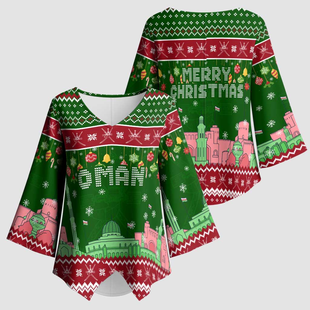 Oman Christmas Kimono Sleeve Blouse with Green-Red Pattern, Mosque and Fort Landmarks, and Festive Ornament Motif - Wonder Print Shop