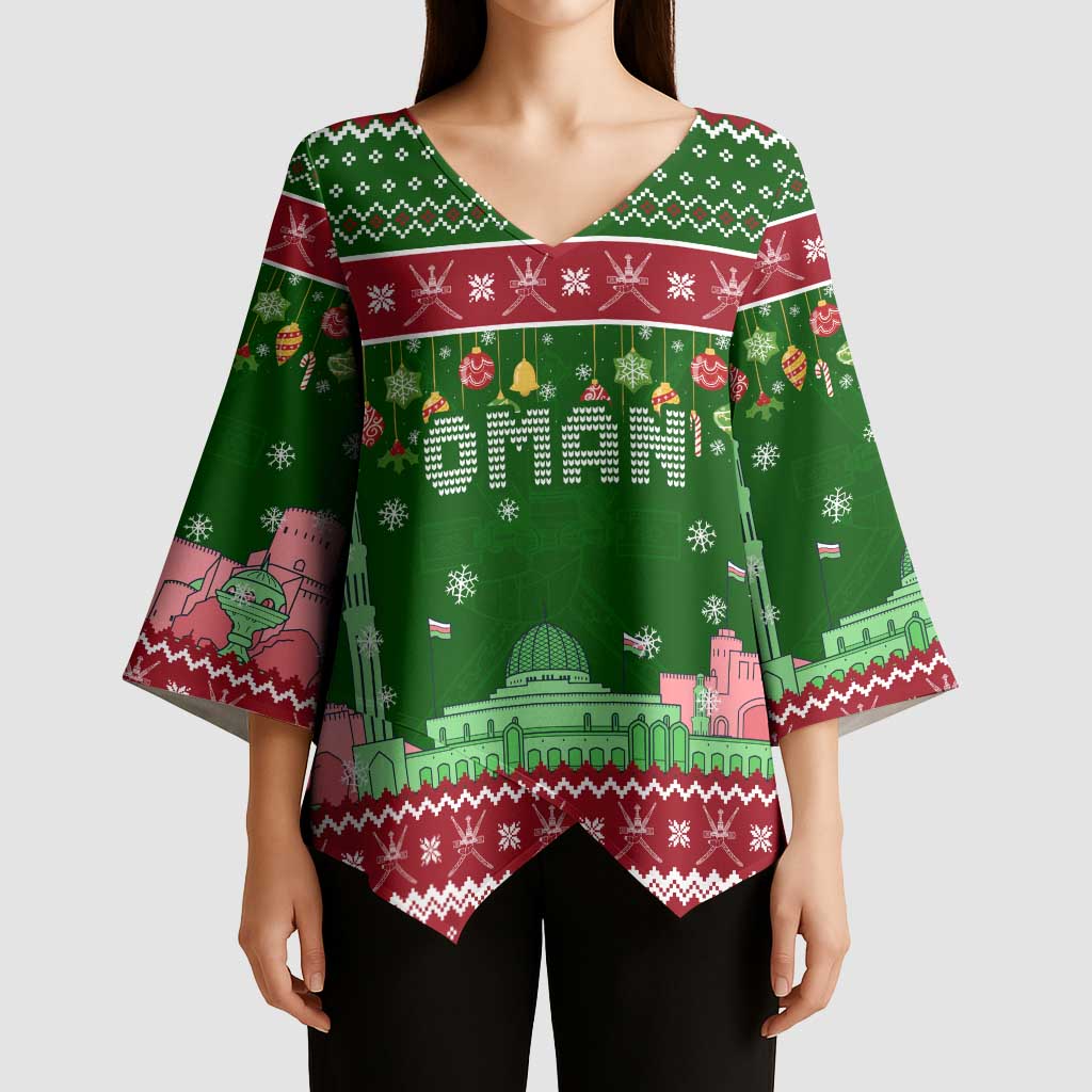 Oman Christmas Kimono Sleeve Blouse with Green-Red Pattern, Mosque and Fort Landmarks, and Festive Ornament Motif - Wonder Print Shop