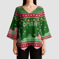 Oman Christmas Kimono Sleeve Blouse with Green-Red Pattern, Mosque and Fort Landmarks, and Festive Ornament Motif - Wonder Print Shop