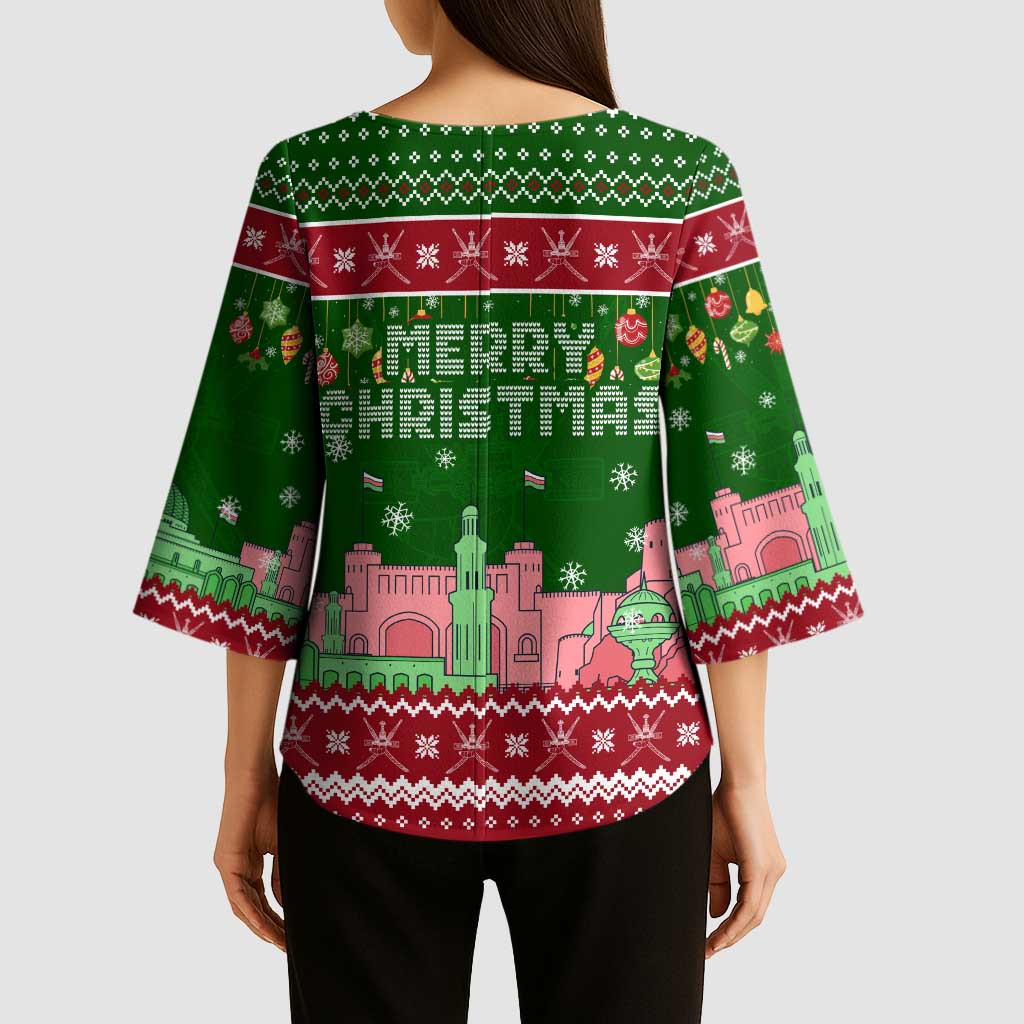 Oman Christmas Kimono Sleeve Blouse with Green-Red Pattern, Mosque and Fort Landmarks, and Festive Ornament Motif - Wonder Print Shop
