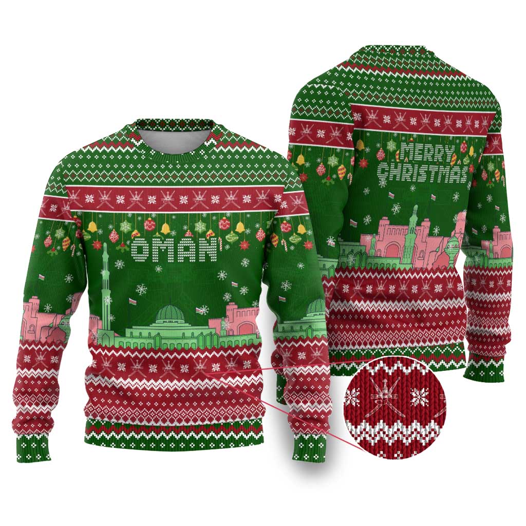 Oman Christmas Ugly Christmas Sweater with Green-Red Pattern, Mosque and Fort Landmarks, and Festive Ornament Motif - Wonder Print Shop