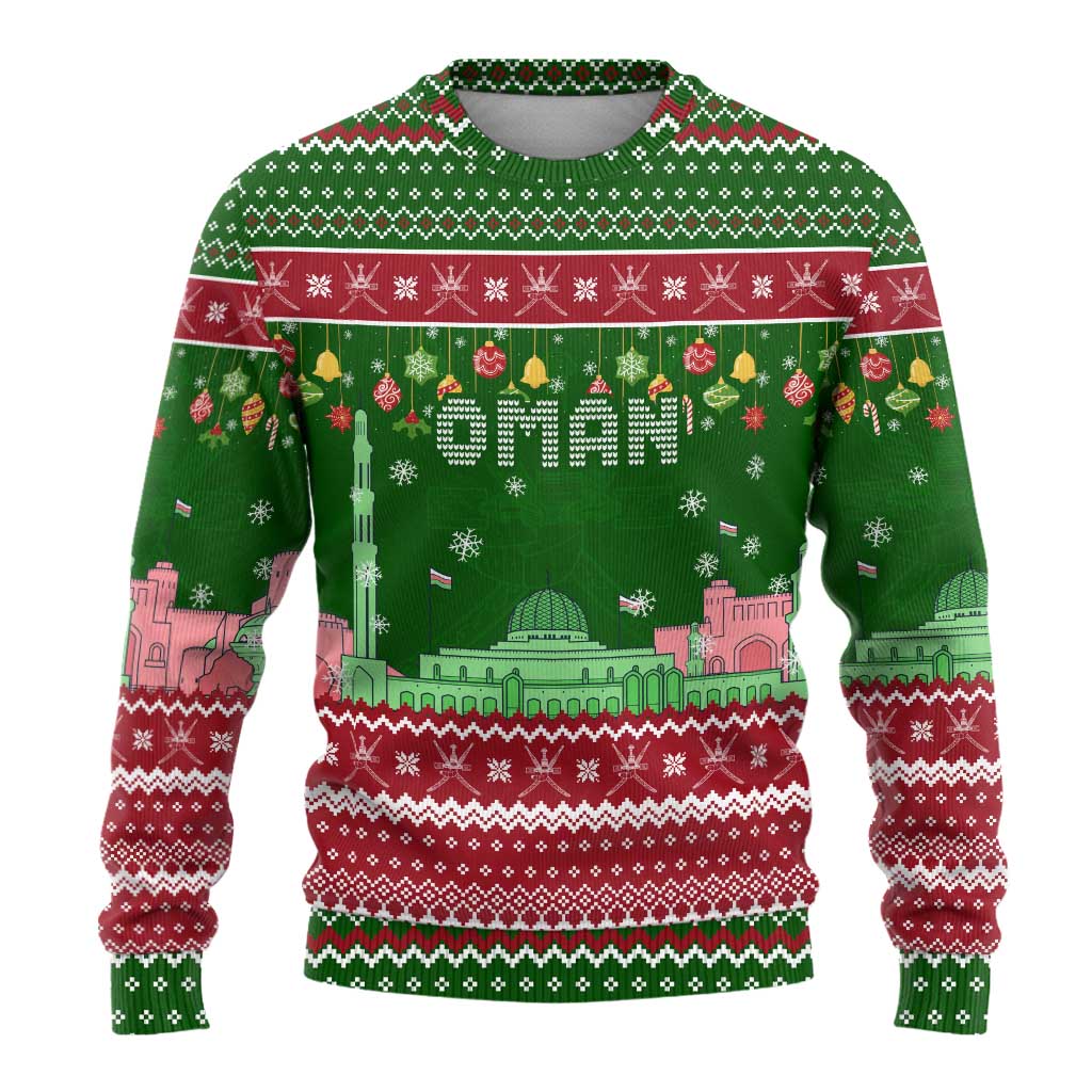 Oman Christmas Ugly Christmas Sweater with Green-Red Pattern, Mosque and Fort Landmarks, and Festive Ornament Motif - Wonder Print Shop