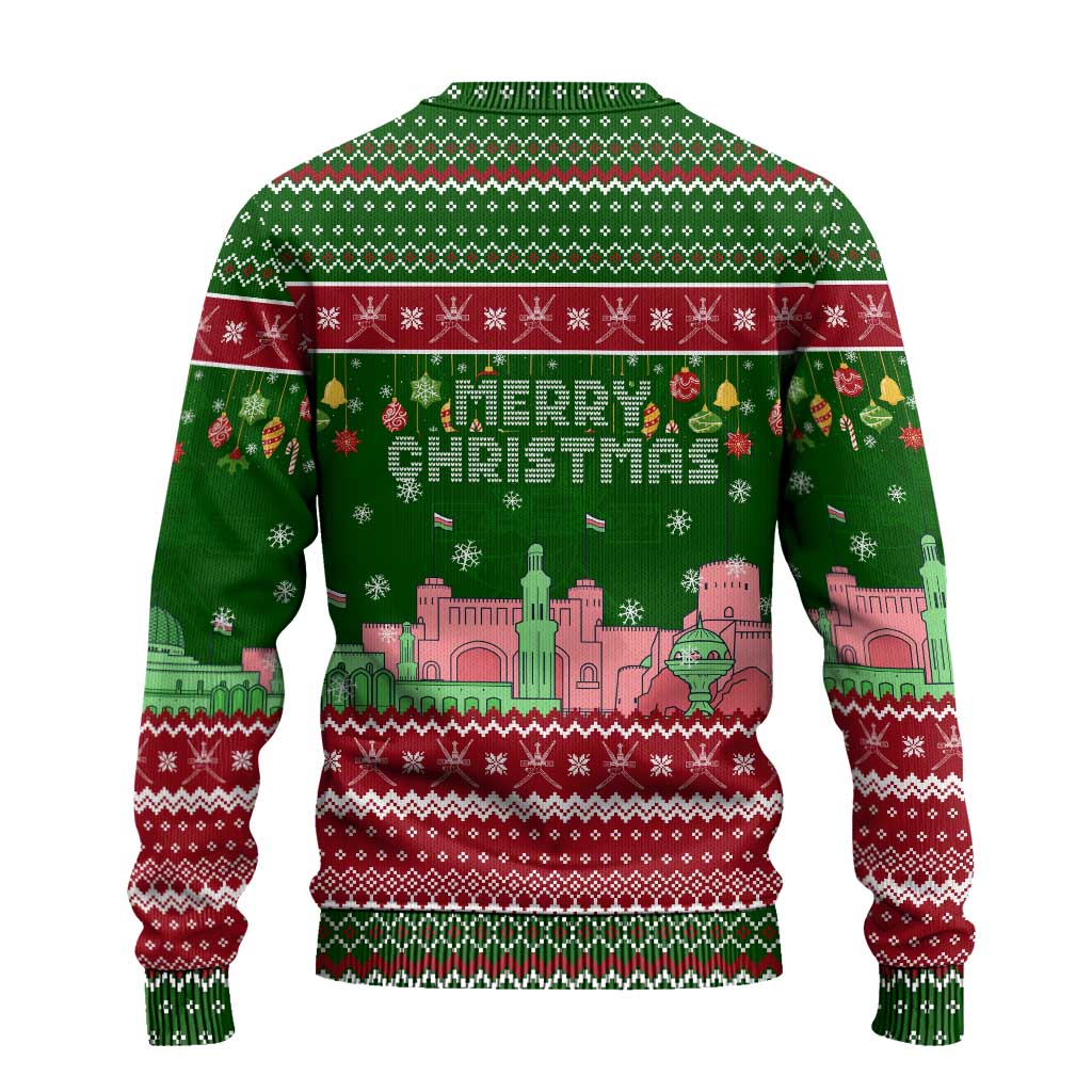 Oman Christmas Ugly Christmas Sweater with Green-Red Pattern, Mosque and Fort Landmarks, and Festive Ornament Motif - Wonder Print Shop
