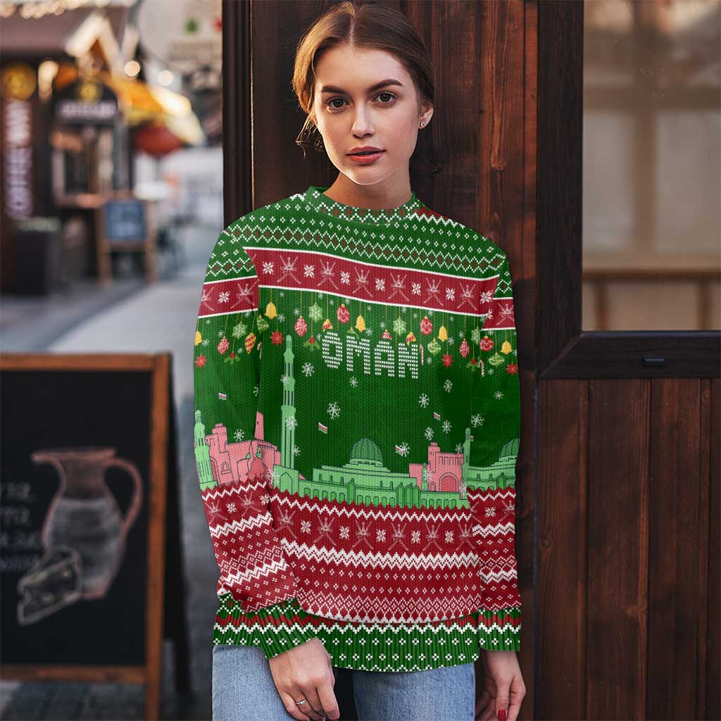 Oman Christmas Ugly Christmas Sweater with Green-Red Pattern, Mosque and Fort Landmarks, and Festive Ornament Motif - Wonder Print Shop