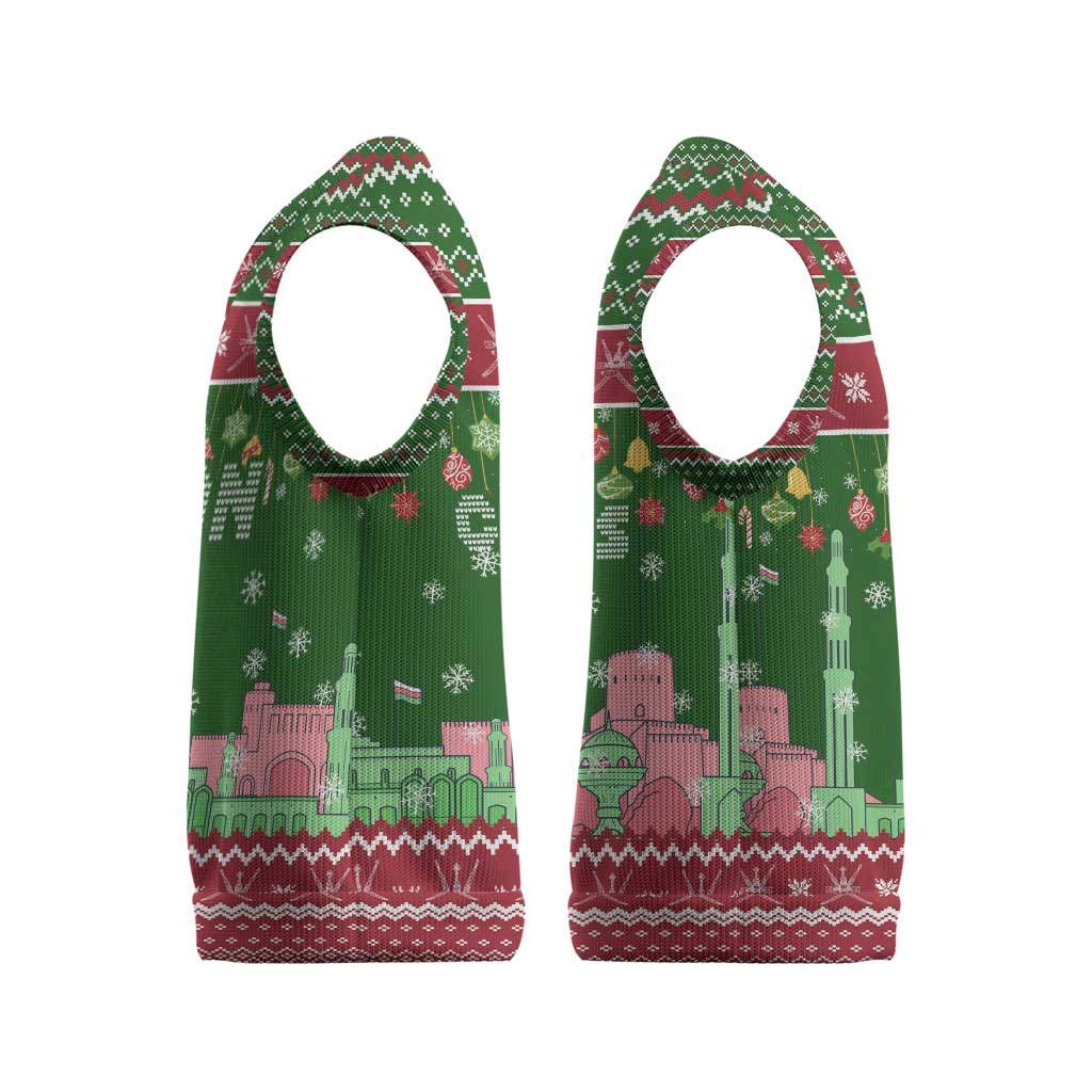 Oman Christmas Knitted V-Neck Vest with Green-Red Pattern, Mosque and Fort Landmarks, and Festive Ornament Motif - Wonder Print Shop