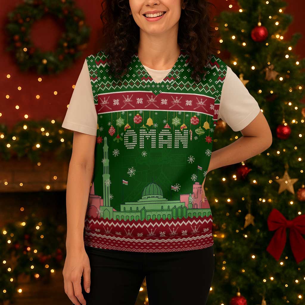 Oman Christmas Knitted V-Neck Vest with Green-Red Pattern, Mosque and Fort Landmarks, and Festive Ornament Motif - Wonder Print Shop
