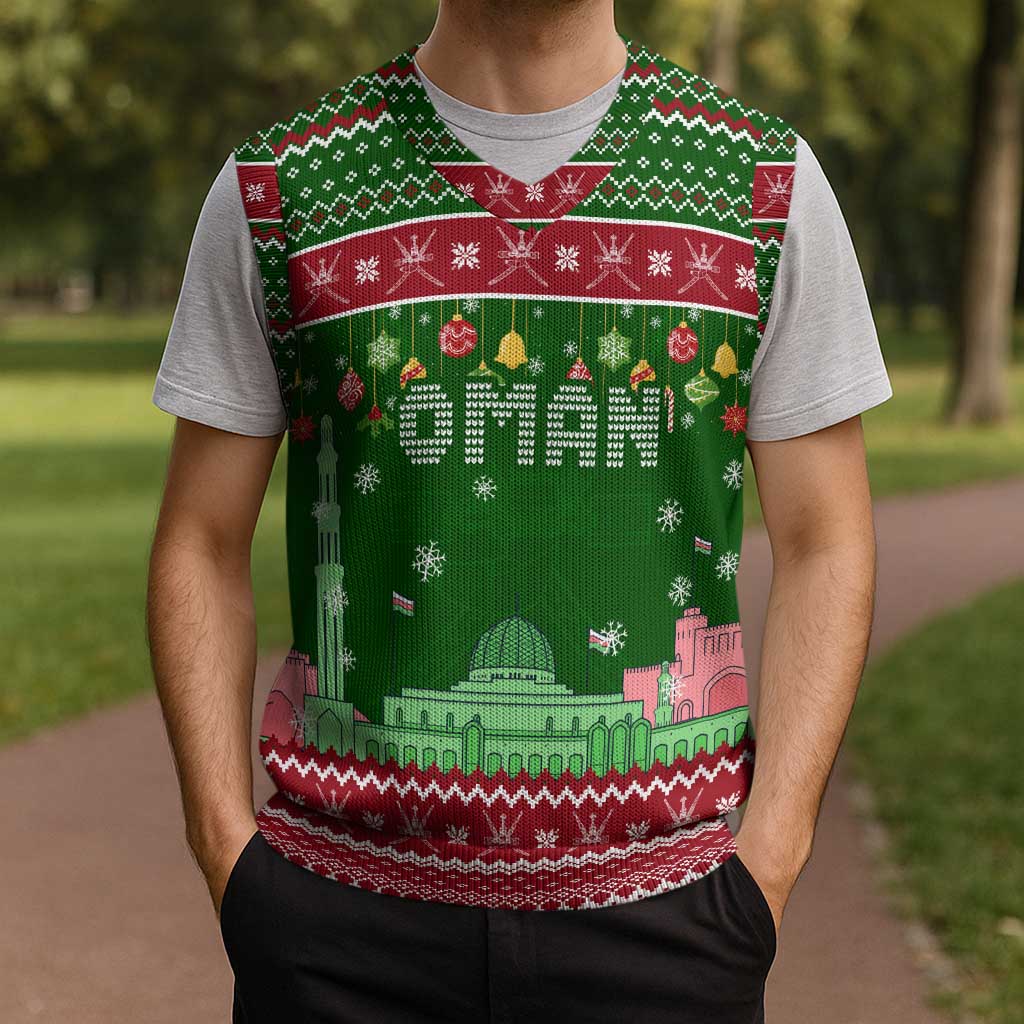 Oman Christmas Knitted V-Neck Vest with Green-Red Pattern, Mosque and Fort Landmarks, and Festive Ornament Motif - Wonder Print Shop