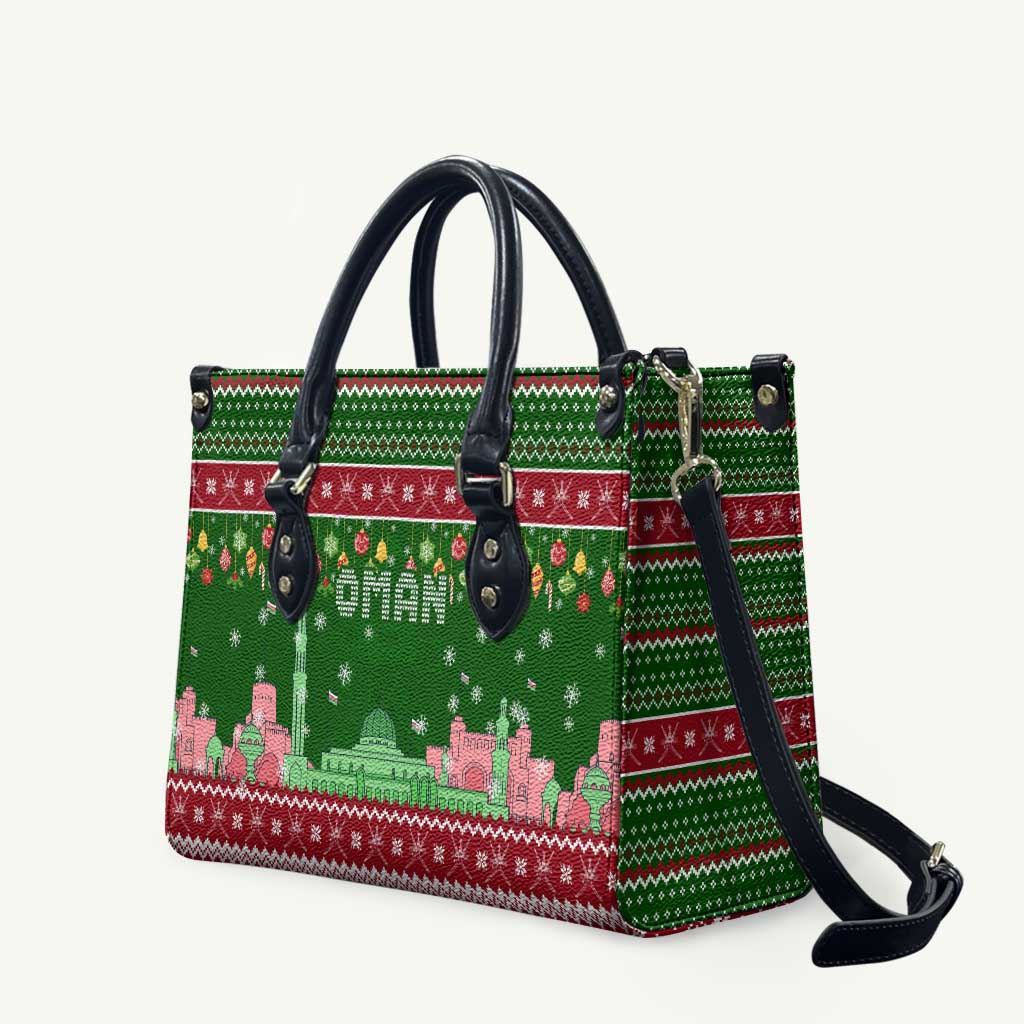 Oman Christmas Leather Bag with Green-Red Pattern, Mosque and Fort Landmarks, and Festive Ornament Motif - Wonder Print Shop