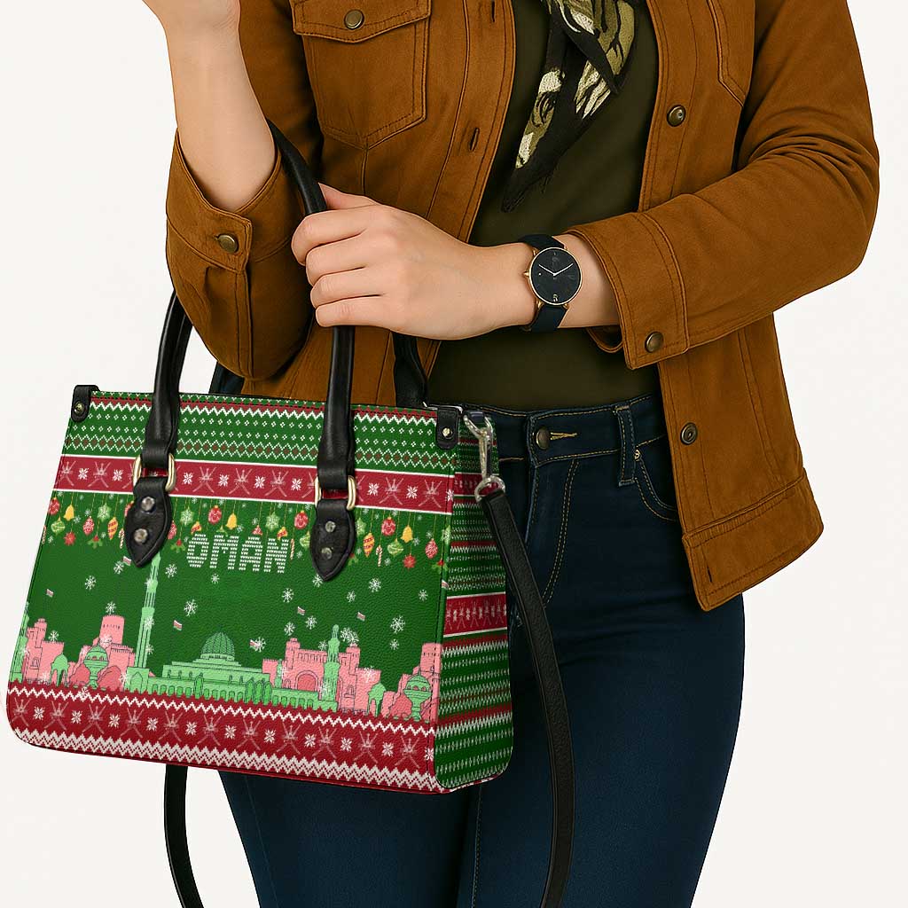 Oman Christmas Leather Bag with Green-Red Pattern, Mosque and Fort Landmarks, and Festive Ornament Motif - Wonder Print Shop