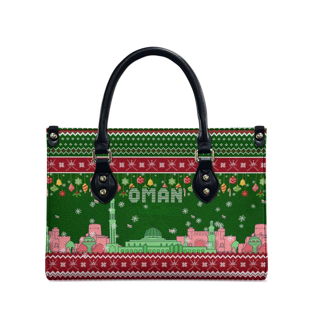 Oman Christmas Leather Bag with Green-Red Pattern, Mosque and Fort Landmarks, and Festive Ornament Motif - Wonder Print Shop
