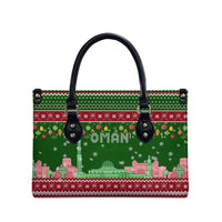 Oman Christmas Leather Bag with Green-Red Pattern, Mosque and Fort Landmarks, and Festive Ornament Motif - Wonder Print Shop
