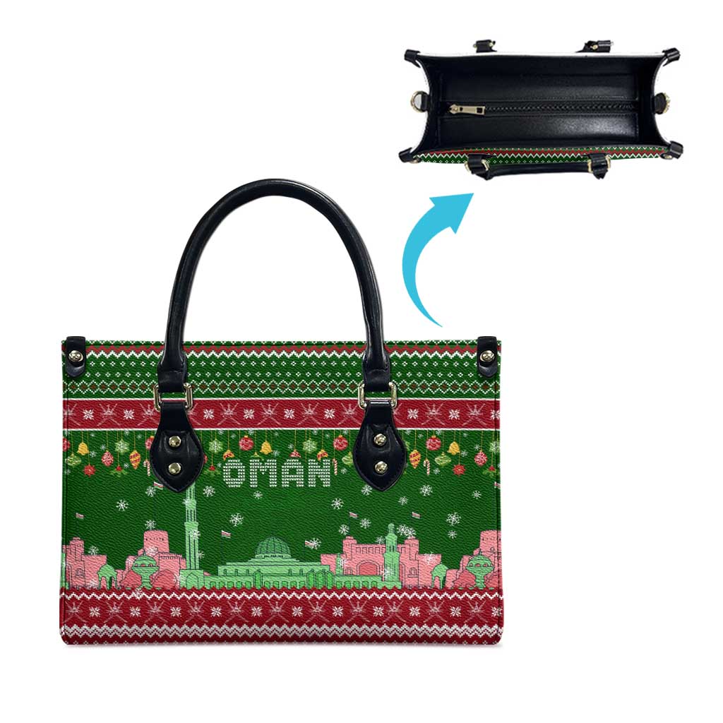 Oman Christmas Leather Bag with Green-Red Pattern, Mosque and Fort Landmarks, and Festive Ornament Motif - Wonder Print Shop