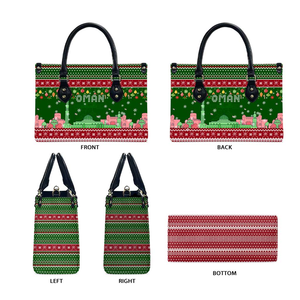 Oman Christmas Leather Bag with Green-Red Pattern, Mosque and Fort Landmarks, and Festive Ornament Motif - Wonder Print Shop