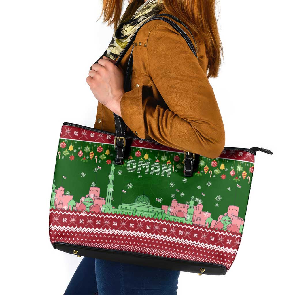 Oman Christmas Leather Tote Bag with Green-Red Pattern, Mosque and Fort Landmarks, and Festive Ornament Motif - Wonder Print Shop