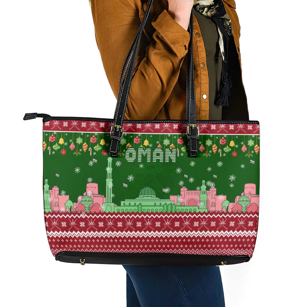 Oman Christmas Leather Tote Bag with Green-Red Pattern, Mosque and Fort Landmarks, and Festive Ornament Motif - Wonder Print Shop
