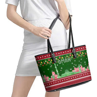 Oman Christmas Leather Tote Bag with Green-Red Pattern, Mosque and Fort Landmarks, and Festive Ornament Motif - Wonder Print Shop