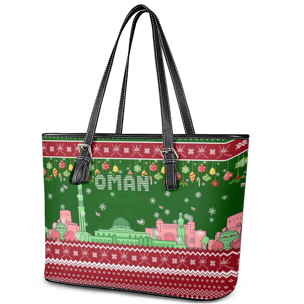Oman Christmas Leather Tote Bag with Green-Red Pattern, Mosque and Fort Landmarks, and Festive Ornament Motif - Wonder Print Shop