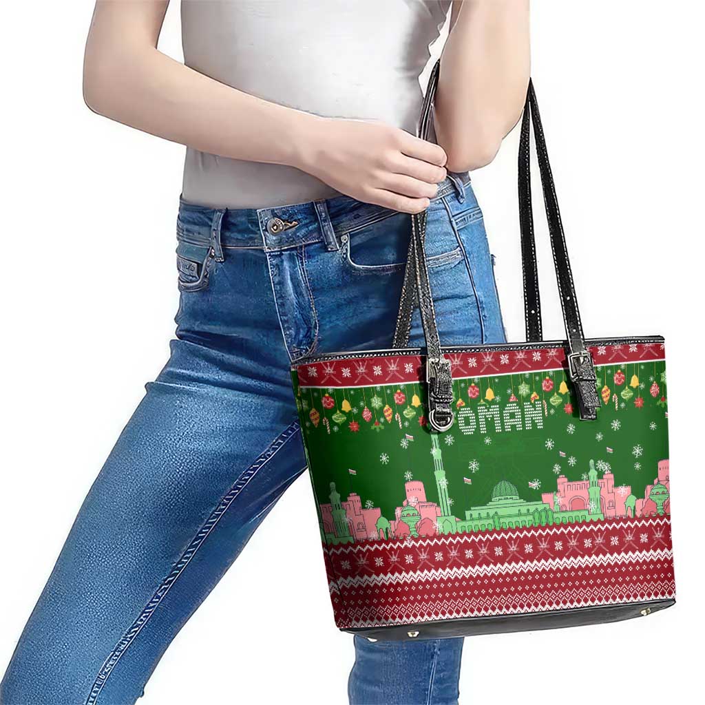 Oman Christmas Leather Tote Bag with Green-Red Pattern, Mosque and Fort Landmarks, and Festive Ornament Motif - Wonder Print Shop