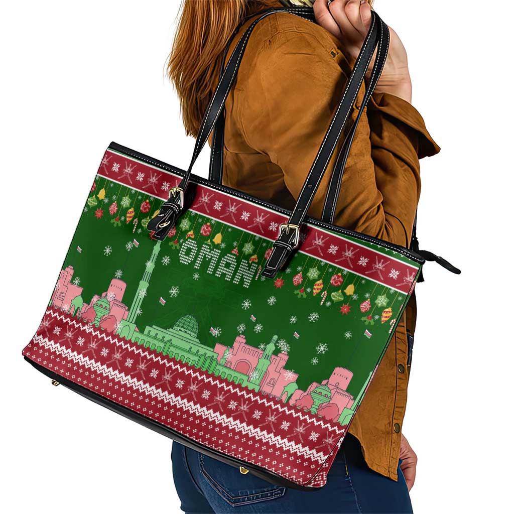 Oman Christmas Leather Tote Bag with Green-Red Pattern, Mosque and Fort Landmarks, and Festive Ornament Motif - Wonder Print Shop