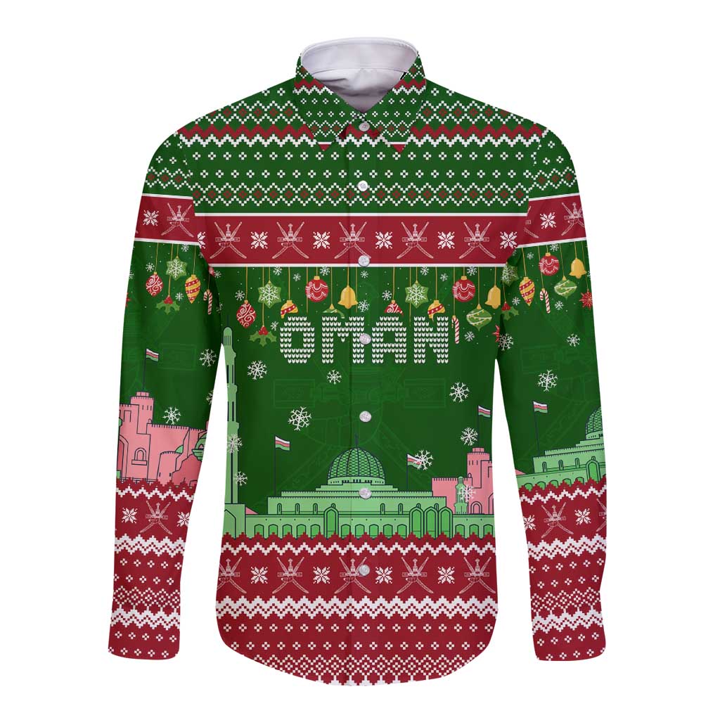 Oman Christmas Long Sleeve Button Shirt with Green-Red Pattern, Mosque and Fort Landmarks, and Festive Ornament Motif - Wonder Print Shop