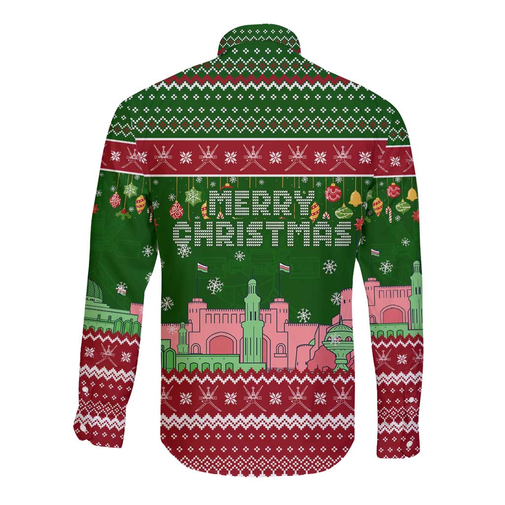 Oman Christmas Long Sleeve Button Shirt with Green-Red Pattern, Mosque and Fort Landmarks, and Festive Ornament Motif - Wonder Print Shop