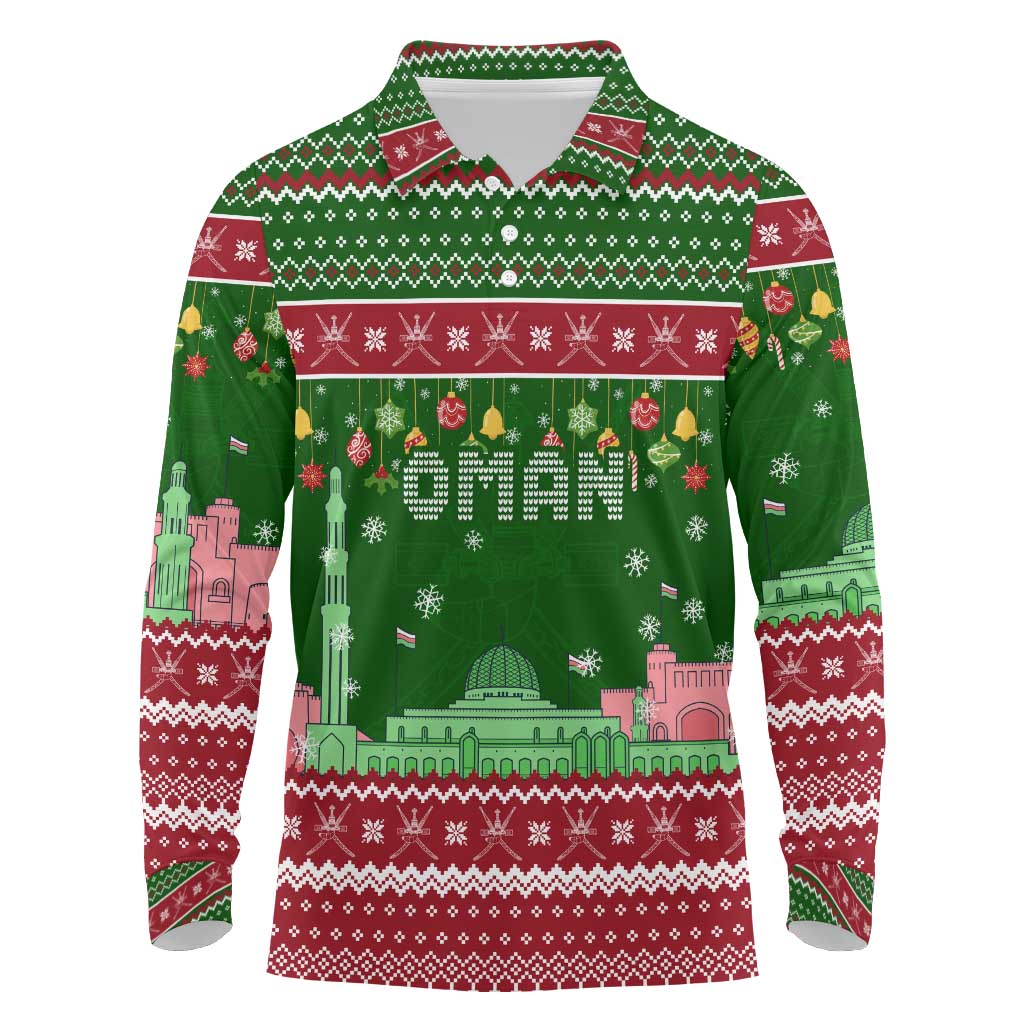 Oman Christmas Long Sleeve Polo Shirt with Green-Red Pattern, Mosque and Fort Landmarks, and Festive Ornament Motif - Wonder Print Shop