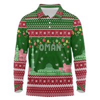 Oman Christmas Long Sleeve Polo Shirt with Green-Red Pattern, Mosque and Fort Landmarks, and Festive Ornament Motif - Wonder Print Shop