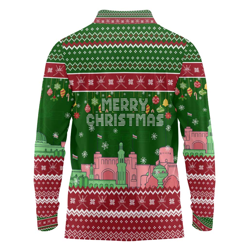 Oman Christmas Long Sleeve Polo Shirt with Green-Red Pattern, Mosque and Fort Landmarks, and Festive Ornament Motif - Wonder Print Shop
