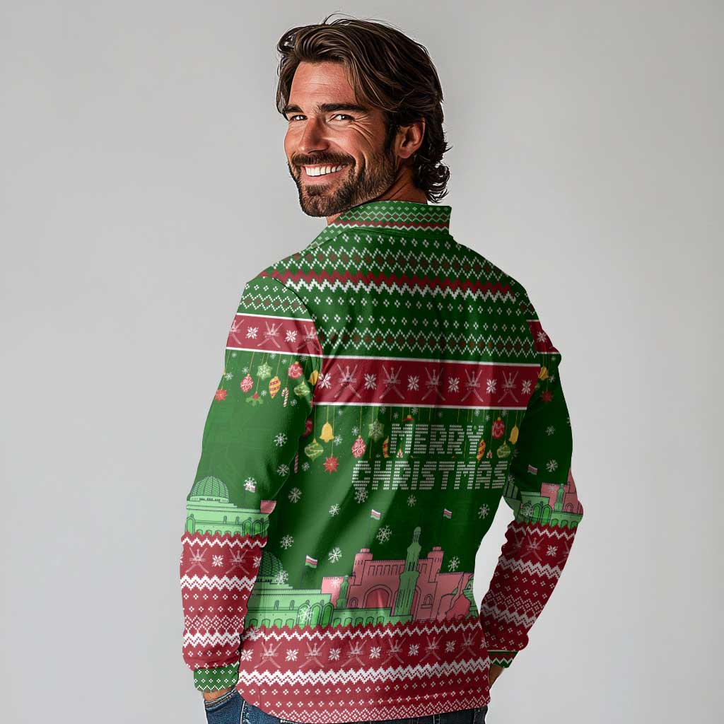 Oman Christmas Long Sleeve Polo Shirt with Green-Red Pattern, Mosque and Fort Landmarks, and Festive Ornament Motif - Wonder Print Shop